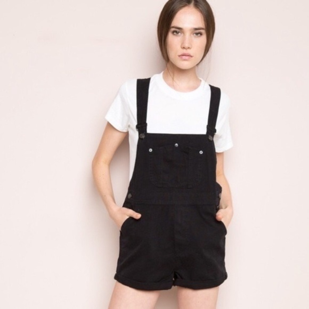 Black denim overall shorts